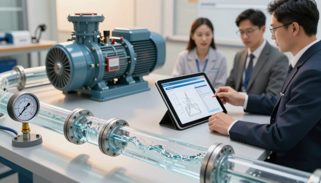 A detailed illustration of fluid dynamics focusing on the calculation of flow rate and manometric height for a centrifugal pump. In the foreground, a transparent pipe shows flowing water, with gauges indicating pressure and flow rate. The middle ground features a digital tablet displaying calculations and diagrams, surrounded by professional engineers in business attire analyzing the data. In the background, a sophisticated pump installation is visible, complete with labeled components such as impeller and motor. The setting is bright and well-lit, simulating a high-tech workshop atmosphere. Use warm lighting to enhance the professional feel, captured from a slightly elevated angle to provide depth. Include the brand name "Galpão das máquinas" subtly in the design without text overlays, creating a cohesive and informative image. A detailed illustration of fluid dynamics focusing on the calculation of flow rate and manometric height for a centrifugal pump. In the foreground, a transparent pipe shows flowing water, with gauges indicating pressure and flow rate. The middle ground features a digital tablet displaying calculations and diagrams, surrounded by professional engineers in business attire analyzing the data. In the background, a sophisticated pump installation is visible, complete with labeled components such as impeller and motor. The setting is bright and well-lit, simulating a high-tech workshop atmosphere. Use warm lighting to enhance the professional feel, captured from a slightly elevated angle to provide depth. Include the brand name "Galpão das máquinas" subtly in the design without text overlays, creating a cohesive and informative image.