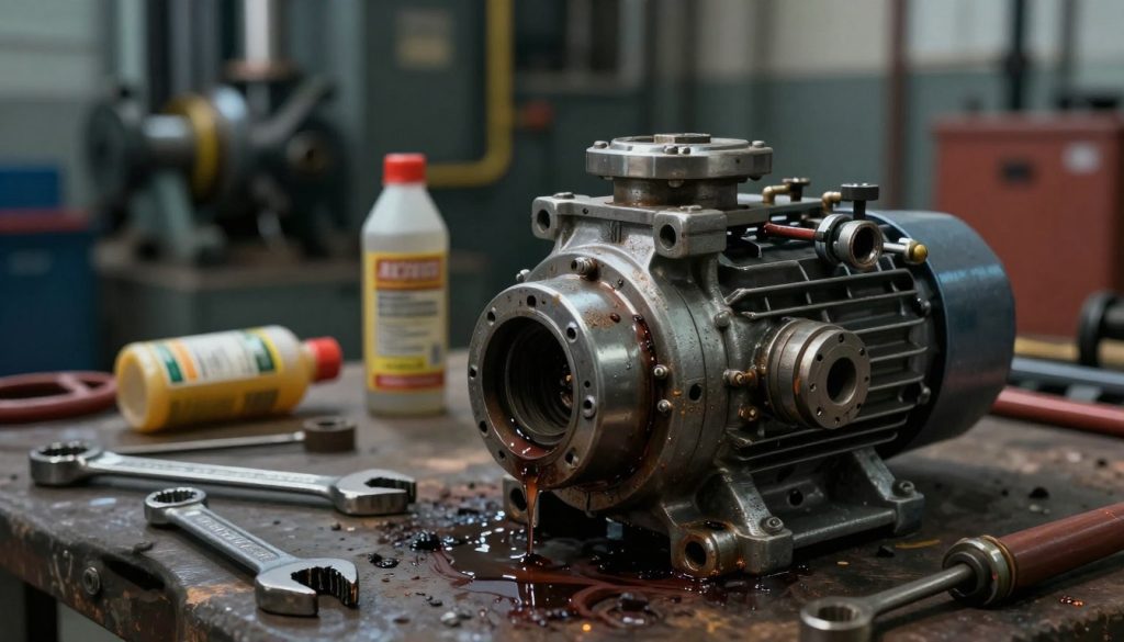 A detailed illustration of hydraulic pump failures in a mechanical setting. In the foreground, depict a broken hydraulic pump with visible wear, leaks, and damaged components, showcasing clear signs of malfunction. In the middle ground, include tools and maintenance equipment, such as wrenches and lubricant, scattered around, emphasizing the repair process. In the background, show an industrial environment, with blurred machinery and pipes, hinting at a larger hydraulic system. The lighting is dim, with focused highlights on the pump, creating a somber and reflective atmosphere. The angle should be slightly tilted, giving a dynamic feel to the scene. The overall mood conveys a sense of frustration and caution regarding hydraulic system failures. A detailed illustration of hydraulic pump failures in a mechanical setting. In the foreground, depict a broken hydraulic pump with visible wear, leaks, and damaged components, showcasing clear signs of malfunction. In the middle ground, include tools and maintenance equipment, such as wrenches and lubricant, scattered around, emphasizing the repair process. In the background, show an industrial environment, with blurred machinery and pipes, hinting at a larger hydraulic system. The lighting is dim, with focused highlights on the pump, creating a somber and reflective atmosphere. The angle should be slightly tilted, giving a dynamic feel to the scene. The overall mood conveys a sense of frustration and caution regarding hydraulic system failures.