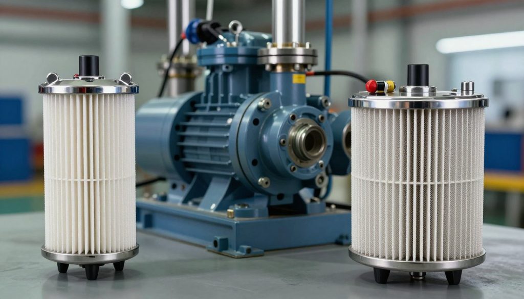 A detailed illustration of industrial hydraulic filter systems, showcasing various types of filters designed for hydraulic pumps. In the foreground, focus on two distinct filter models: a cylindrical filter and a rectangular filter, both made from durable materials, highlighted by metallic sheen and intricate mesh details. In the middle ground, a hydraulic pump is prominently displayed, demonstrating the filters in context, with visible pipes and fittings connected. The background features a blurred industrial setting, hinting at a factory environment with soft ambient lighting. Capture the scene with a slightly elevated angle to emphasize the functionality and integration of the filters within the hydraulic system. The overall mood should be professional and technical, illustrating the importance of filters in hydraulic systems without any text or distractions.