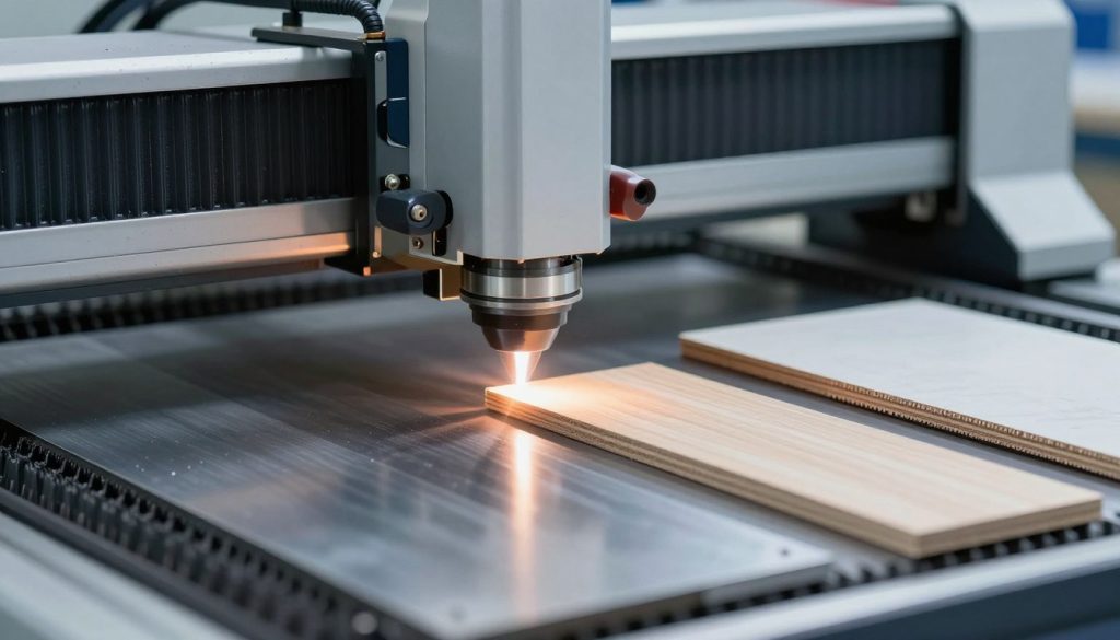A detailed illustration of laser cutting limitations, featuring a close-up view of a laser cutter in action. In the foreground, show the laser beam precisely cutting through materials of varying thicknesses like metal and wood, showcasing the precision and limitations of the technology. In the middle ground, display samples of materials with different dimensions, illustrating cut edges with imperfections, highlighting the challenges of cutting beyond specific thicknesses. In the background, blur industrial settings, such as cooling systems and safety equipment, to emphasize a professional environment. Use soft, focused lighting that highlights the laser and its effect on the materials, with a slightly cool color palette to convey a technical, industrial atmosphere. Aim for a mood of clarity and precision, avoiding clutter or distractions.