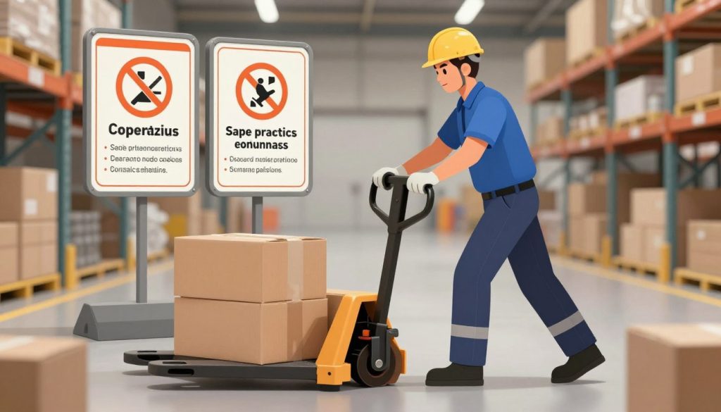 A detailed illustration of safe practices for operating a manual pallet truck. In the foreground, a professional operator wearing a safety helmet and gloves skillfully maneuvers a manual pallet truck loaded with boxes, demonstrating correct posture and technique. In the middle ground, visually striking safety signs are displayed, highlighting essential safety guidelines. The background features an organized warehouse environment with clear pathways and proper lighting. The scene is well-lit, emphasizing the importance of safety in industrial operations, creating a focused and serious atmosphere. Soft shadows enhance the 3D aspect, while a slight depth of field draws attention to the operator's actions. The brand name "Galpão das máquinas" is subtly integrated into the environment, reinforcing the commitment to safety and compliance in pallet truck operations.