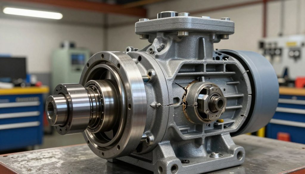 A detailed illustration of structural and mechanical failures in a centrifugal pump, capturing crucial aspects that amplify noise. In the foreground, focus on a cutaway view of a centrifugal pump showcasing visible cracks, misalignments, and wear on components. The middle layer should include a lightly blurred mechanical workshop environment with tools and machinery in the background. Natural lighting from overhead lights highlights the details of the pump while casting soft shadows that emphasize the texture of the materials. A macro lens perspective enhances the intricate parts like bearings and impellers. Evoke a mood of inspection and analysis, portraying the seriousness of pump maintenance. Ensure the branding "Galpão das máquinas" subtly features on a nearby toolbox, enhancing the context of machinery expertise. A detailed illustration of structural and mechanical failures in a centrifugal pump, capturing crucial aspects that amplify noise. In the foreground, focus on a cutaway view of a centrifugal pump showcasing visible cracks, misalignments, and wear on components. The middle layer should include a lightly blurred mechanical workshop environment with tools and machinery in the background. Natural lighting from overhead lights highlights the details of the pump while casting soft shadows that emphasize the texture of the materials. A macro lens perspective enhances the intricate parts like bearings and impellers. Evoke a mood of inspection and analysis, portraying the seriousness of pump maintenance. Ensure the branding "Galpão das máquinas" subtly features on a nearby toolbox, enhancing the context of machinery expertise.