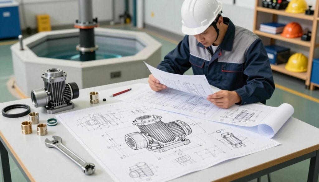 A detailed illustration of submerged pump design preparation, featuring a workspace with technical diagrams and schematics laid out on a clean, well-organized table. In the foreground, mechanical tools and components for the pump installation are neatly arranged, showing a wrench, pipe fittings, and seals. In the middle ground, a professional technician in a hard hat and work uniform is reviewing a blueprint, focused and attentive. The background will depict a realistic industrial environment, including a water well with the pump partially submerged, along with shelves of equipment and safety gear. The lighting is bright and even, highlighting the technical aspects of the workspace, and creating an atmosphere of professionalism and readiness for installation. The angle is slightly elevated, providing a comprehensive view of the scene while maintaining clarity and detail.