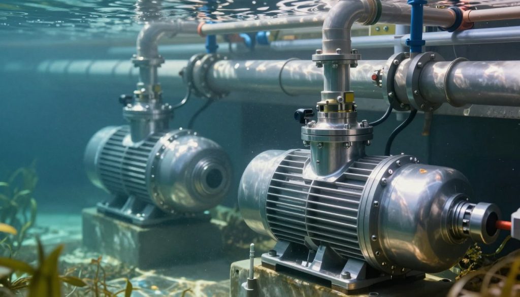 A detailed illustration of submerged pumps in a water reservoir, showcasing their intricate design and operation. In the foreground, focus on two advanced submersible pumps with metallic surfaces reflecting light, surrounded by clear water. The middle layer features pipes and control systems integrating into the pumps, demonstrating their connectivity and functionality. In the background, show a blurred underwater landscape, with hints of aquatic plants and sediment, conveying depth. Use natural lighting filtered through the water, creating dynamic reflections and shadows. The composition should evoke a sense of innovation and reliability, emphasizing the technical aspects of submersible pump operation. Capture the scene from a slightly angled perspective to enhance depth. A detailed illustration of submerged pumps in a water reservoir, showcasing their intricate design and operation. In the foreground, focus on two advanced submersible pumps with metallic surfaces reflecting light, surrounded by clear water. The middle layer features pipes and control systems integrating into the pumps, demonstrating their connectivity and functionality. In the background, show a blurred underwater landscape, with hints of aquatic plants and sediment, conveying depth. Use natural lighting filtered through the water, creating dynamic reflections and shadows. The composition should evoke a sense of innovation and reliability, emphasizing the technical aspects of submersible pump operation. Capture the scene from a slightly angled perspective to enhance depth.