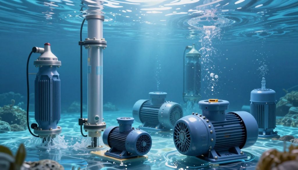 A detailed illustration of submerged pumps in action, showcasing various types of submersible pumps including vertical and horizontal designs. In the foreground, highlight the pumps with their intricate components, such as motors and impellers, surrounded by flowing water. The middle layer features a serene underwater environment with clear blue tones, conveying the pump’s efficiency in moving fluids. In the background, depict a soft illumination filtering through water, suggesting depth and tranquility. The scene is captured from a slightly angled perspective, emphasizing the technology and its applications, evoking a sense of innovation and reliability. The overall mood is professional, technical, and informative, suitable for an educational article.