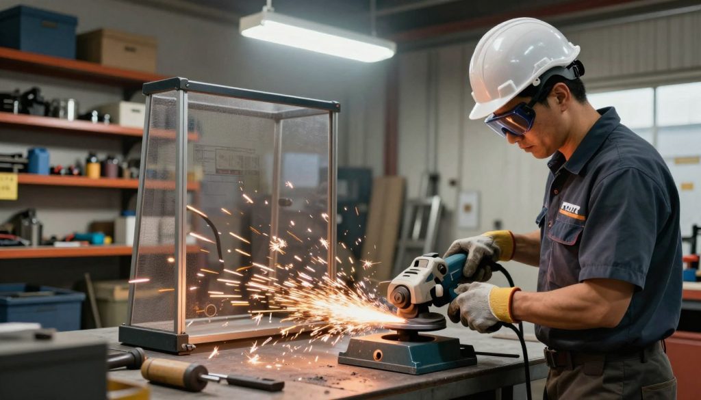 A detailed illustration of the dangers associated with using a bench grinder, showcasing a professional workshop environment. In the foreground, a focused worker in a safety helmet and goggles operates a bench grinder, sparks flying from metal grinding. In the middle ground, depict safety equipment like gloves and protective screens, highlighting common hazards. The background features shelves filled with tools and equipment, illuminated by bright, overhead lights casting sharp, defined shadows. The scene conveys a sense of caution and awareness, emphasizing the importance of safety in machinery use. The branding "Galpão das máquinas" subtly integrated into the workshop setting. The mood is serious and informative, with a focus on workplace safety. A detailed illustration of the dangers associated with using a bench grinder, showcasing a professional workshop environment. In the foreground, a focused worker in a safety helmet and goggles operates a bench grinder, sparks flying from metal grinding. In the middle ground, depict safety equipment like gloves and protective screens, highlighting common hazards. The background features shelves filled with tools and equipment, illuminated by bright, overhead lights casting sharp, defined shadows. The scene conveys a sense of caution and awareness, emphasizing the importance of safety in machinery use. The branding "Galpão das máquinas" subtly integrated into the workshop setting. The mood is serious and informative, with a focus on workplace safety.