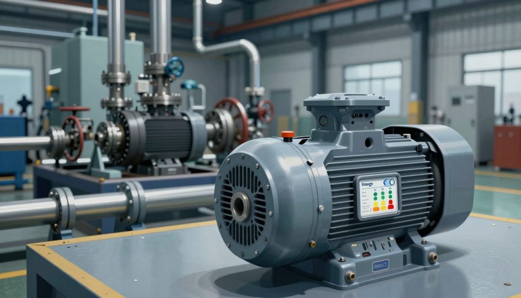 A detailed illustration of the efficiency of hydraulic pumps in an industrial setting. In the foreground, showcase a modern hydraulic pump with visible energy efficiency indicators and labels, emphasizing its sleek design and mechanical parts. In the middle ground, depict industrial machinery working in tandem with the pump, surrounded by pipes and valves. The background features a spacious industrial environment with ambient lighting, highlighting the technology at work. Use cool tones to evoke a sense of professionalism and reliability, while also showing subtle reflections and shadows for depth. The angle should be slightly elevated to give a comprehensive view of the pump and its integration within the system, creating an informative and engaging atmosphere. No text, signatures, or watermarks in the image.