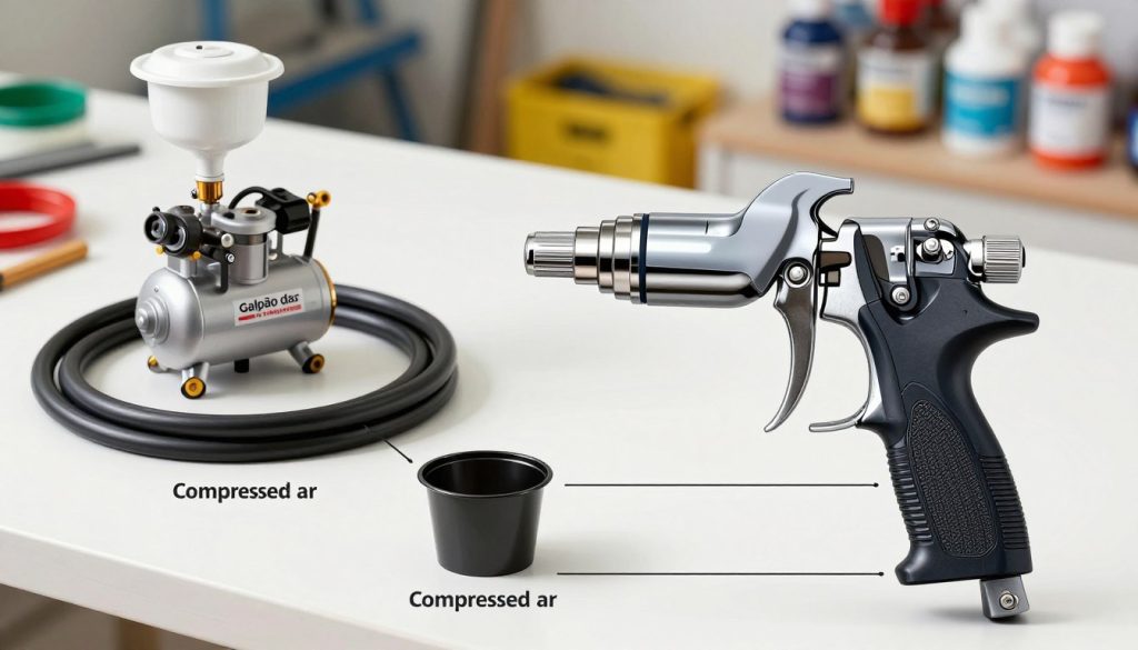 A detailed illustration of the main components of a compressed air paint gun, labeled clearly and separated for easy identification. The foreground features the paint gun itself, showcasing its nozzle, trigger, and cup in intricate detail. In the middle ground, include a few essential accessories like a compressor and an air hose spiraling around the setup, emphasizing their significance. The background should be softly blurred but hint at a workshop environment with tools and paint supplies, creating a vibrant atmosphere. Use natural lighting to highlight the metallic and plastic textures of the components, shot from a slightly elevated angle to provide a comprehensive view. Ensure the branding "Galpão das máquinas" is subtly integrated into the scene.