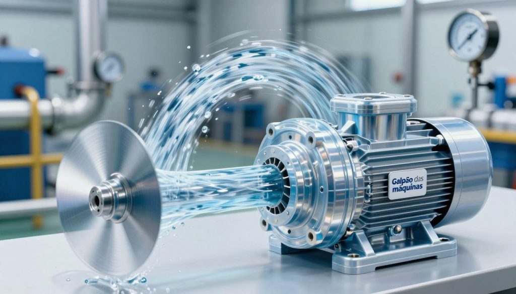 A detailed illustration of the principle of operation of a centrifugal pump, focusing on its key components. In the foreground, showcase a transparent centrifugal pump featuring spinning impellers and inlet/outlet ports, allowing a clear view of the internal mechanics. In the middle, depict swirling water flow, highlighting the dynamics of fluid movement as it transitions from the impeller to the outlet. In the background, include industrial elements like pipes and mechanical gauges, surrounded by a subtle blurred workshop environment that suggests a practical application. Ensure bright, clean lighting to emphasize the pump's structure, using a slightly high-angle view to capture all details effectively. The mood should be informative and professional, evoking a sense of engineering precision. Include the brand logo "Galpão das máquinas" subtly integrated into the design, without compromising the overall image.