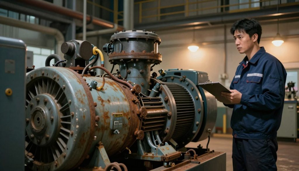 A detailed illustration of the technical limitations of energy generators in a realistic industrial setting. In the foreground, a close-up of a large, aging generator showing signs of wear and tear, with rust and exposed wires. In the middle ground, a technician in a professional outfit inspecting the generator, holding a clipboard, and looking concerned. The background features a dimly lit power plant with outdated equipment and flickering lights, symbolizing inefficiency. Warm lighting creates a somber mood, highlighting the contrast between the aging technology and the need for modernization. The angle should be slightly low, emphasizing the generator’s size and deteriorating state, while capturing the overall atmosphere of challenge and urgency in energy solutions.