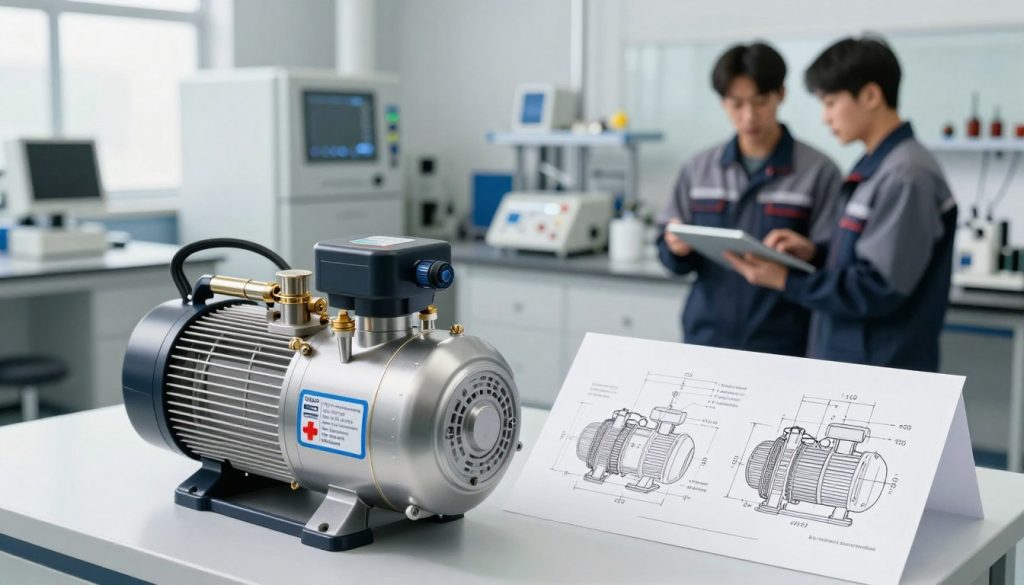 A detailed illustration of vacuum pump sizing, showcasing a professional workspace. In the foreground, a modern vacuum pump with precision components, labeled with key specifications and measurements. In the middle ground, an engineer in professional attire, analyzing the pump's performance on a tablet, surrounded by technical diagrams and charts detailing essential sizing factors. The background features a well-organized lab with advanced machinery and equipment, bathed in bright, natural lighting to convey a sense of innovation and efficiency. A wide-angle perspective emphasizes the complexity and scale of the equipment while maintaining a clean and focused atmosphere. The overall mood is one of professionalism and technical expertise, highlighting the importance of accurate vacuum pump dimensioning. A detailed illustration of vacuum pump sizing, showcasing a professional workspace. In the foreground, a modern vacuum pump with precision components, labeled with key specifications and measurements. In the middle ground, an engineer in professional attire, analyzing the pump's performance on a tablet, surrounded by technical diagrams and charts detailing essential sizing factors. The background features a well-organized lab with advanced machinery and equipment, bathed in bright, natural lighting to convey a sense of innovation and efficiency. A wide-angle perspective emphasizes the complexity and scale of the equipment while maintaining a clean and focused atmosphere. The overall mood is one of professionalism and technical expertise, highlighting the importance of accurate vacuum pump dimensioning.