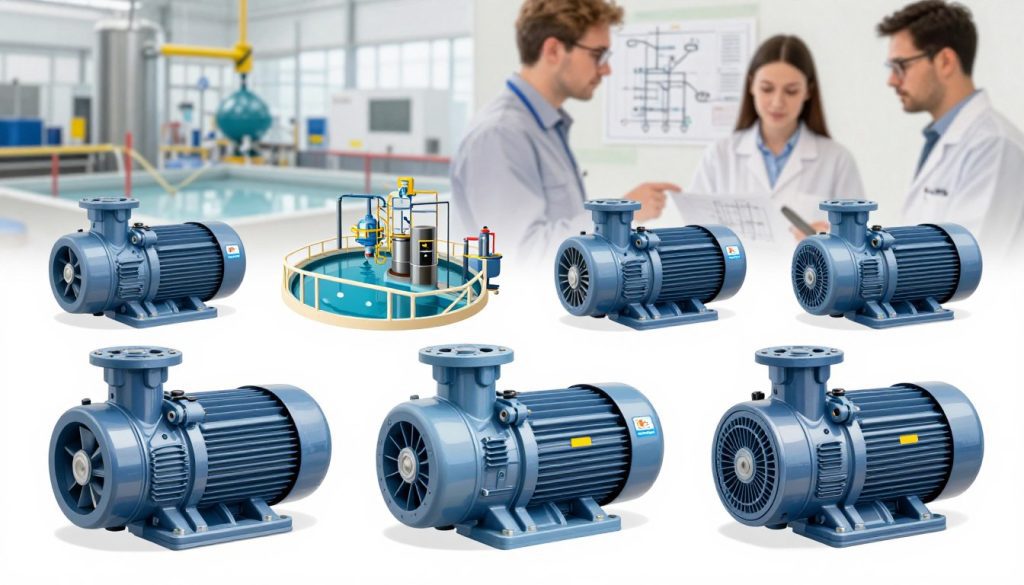 A detailed illustration of various types of centrifugal pumps, showcasing a diverse range of designs and functionalities. In the foreground, feature a cutaway view of three distinct pump models, highlighting their internal components like impellers, volutes, and motors. The middle ground should display industrial settings where these pumps are commonly used, such as water treatment facilities and manufacturing plants. The background should have a soft-focus representation of engineers in professional attire examining pump schematics, creating a collaborative atmosphere. Use bright, natural lighting to illuminate the scene, emphasizing the technical details, with a sharp focus on the pumps themselves. The overall mood should convey innovation and precision in machinery. Include the brand name "Galpão das máquinas" subtly integrated into the design, ensuring it blends seamlessly into the illustration without detracting from the main subject.