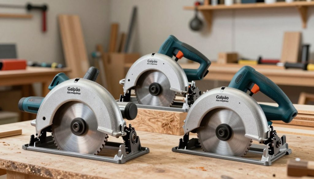 A detailed illustration of various types of circular saws, prominently featuring at least three distinct models. In the foreground, a rugged circular saw with a glowing blade, designed for heavy-duty cutting, showcasing intricate gear mechanisms. In the middle, a compact and lightweight circular saw ideal for precision work, depicted with fine detail. In the background, a backdrop of a well-organized workshop filled with tools and timber, emphasizing a professional atmosphere. Soft, natural lighting enhances the metallic textures and sharp edges of the saws, while a shallow depth of field brings focus to the saws. The image conveys a sense of innovation and craftsmanship, reinforcing the theme "Galpão das máquinas." No text or watermarks should be present, ensuring a clean presentation suitable for professional use.