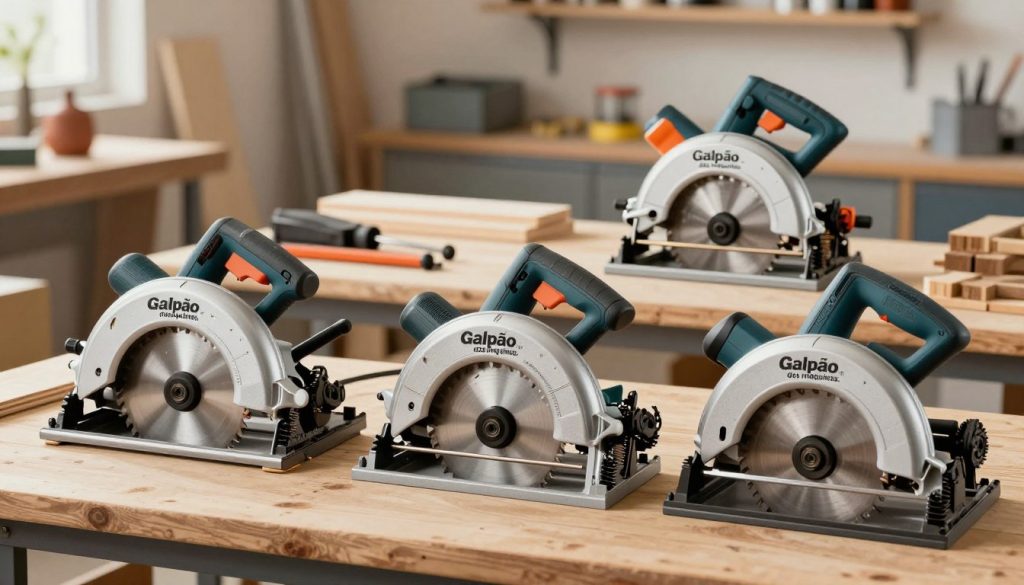 A detailed illustration of various types of circular saws, prominently featuring the brand name "Galpão das máquinas." In the foreground, display three distinct circular saws: a table saw, a hand-held saw, and a track saw, each showcasing unique designs and blade types. In the middle ground, include tools and materials that represent different cutting applications, such as wood, metal, and plastic, demonstrating the versatility of each saw. The background features a well-organized workshop setting, with soft, warm ambient lighting that highlights the professionalism of the environment. The mood should be informative and inspiring, emphasizing safety and precision in usage. Use a slightly elevated angle to capture the entire scene effectively, ensuring clarity and focus on the tools and their applications.