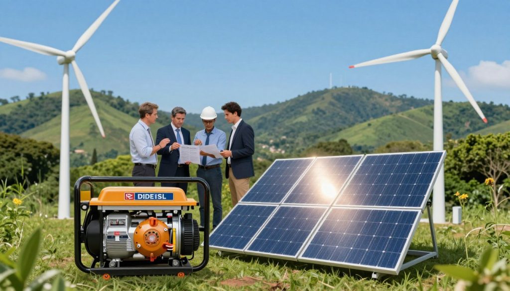 A detailed illustration of various types of energy generators available in the Brazilian market. In the foreground, showcase three distinct types of generators: a diesel generator with clear labeling of its components, a solar panel system with sunlight glinting off its surface, and a wind turbine spinning gently against a clear blue sky. In the middle ground, include a small team of professionals in business attire discussing the generators, pointing at technical specifications. The background features a lush, green landscape with hills to symbolize sustainability. Use bright, natural lighting to create an optimistic atmosphere, and capture the scene from a slightly elevated angle to provide depth and context. A detailed illustration of various types of energy generators available in the Brazilian market. In the foreground, showcase three distinct types of generators: a diesel generator with clear labeling of its components, a solar panel system with sunlight glinting off its surface, and a wind turbine spinning gently against a clear blue sky. In the middle ground, include a small team of professionals in business attire discussing the generators, pointing at technical specifications. The background features a lush, green landscape with hills to symbolize sustainability. Use bright, natural lighting to create an optimistic atmosphere, and capture the scene from a slightly elevated angle to provide depth and context.