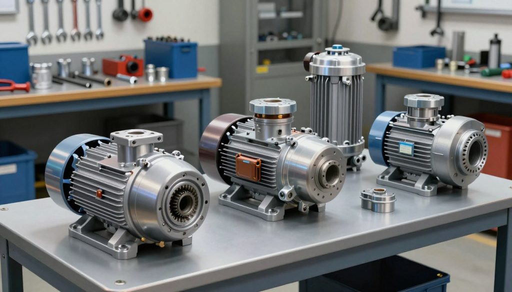 A detailed illustration of various types of hydraulic pumps arranged on a sturdy workbench in a well-lit industrial workshop. In the foreground, showcase a gear pump with its detailed components, alongside a diaphragm pump and a piston pump, highlighting their differences in design and functionality. The middle section features a background of tools and equipment that signify a professional hydraulic workshop, with tools like wrenches and fittings neatly organized. Subtle lighting creates contrasts that emphasize the shiny metallic surfaces of the pumps, while an overall clear angle of view ensures the viewer can see the intricate details and mechanisms of each pump. The atmosphere is professional and technical, aimed at educating viewers on hydraulic pump selection for specific applications.