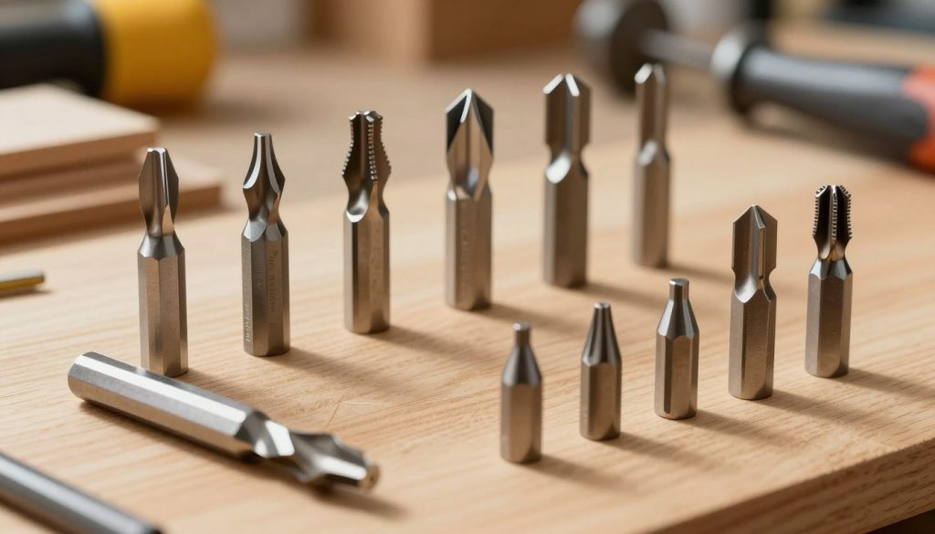 A detailed illustration of various types of router bits (fresas para tupia) displayed on a clean wooden surface. In the foreground, feature a close-up of the router bits, showcasing their diverse shapes, sizes, and cutting edges such as flush trim, straight, and dovetail bits in polished metal finishes. The middle ground should have additional router bits artistically arranged, perhaps with a soft shadow to emphasize their forms. In the background, subtly blur a workshop environment with tools and wood pieces creating an industrious atmosphere. The lighting is warm and soft, highlighting the gleam of the metal and the texture of the wood, while maintaining a professional and informative mood. The focus is sharp on the bits, inviting curiosity about their applications and importance in woodworking.