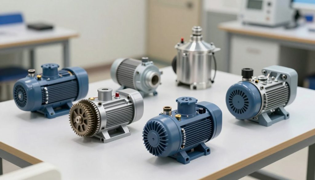 A detailed illustration of various types of vacuum pumps arranged on a clean, modern workshop table. In the foreground, feature two distinct types of vacuum pumps: a rotary vane pump with intricate gears and an oil diffusion pump with visible connections. In the middle ground, include a diaphragm pump and a scroll pump, showcasing different shapes and sizes for comparative purposes. The background should display a neutral, light-colored workshop environment with soft, even lighting that highlights the metallic and plastic textures of the pumps. Use a slight over-the-shoulder angle to give a sense of depth and perspective, creating an informative yet professional atmosphere. The overall mood should be focused and technical, inviting the viewer to appreciate the engineering behind vacuum pumps. A detailed illustration of various types of vacuum pumps arranged on a clean, modern workshop table. In the foreground, feature two distinct types of vacuum pumps: a rotary vane pump with intricate gears and an oil diffusion pump with visible connections. In the middle ground, include a diaphragm pump and a scroll pump, showcasing different shapes and sizes for comparative purposes. The background should display a neutral, light-colored workshop environment with soft, even lighting that highlights the metallic and plastic textures of the pumps. Use a slight over-the-shoulder angle to give a sense of depth and perspective, creating an informative yet professional atmosphere. The overall mood should be focused and technical, inviting the viewer to appreciate the engineering behind vacuum pumps.