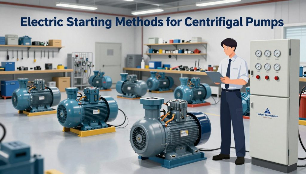 A detailed illustration showcasing "Electric Starting Methods for Centrifugal Pumps" in a professional workshop setting. In the foreground, a technician in business attire stands beside a centrifugal pump, examining a control panel with various gauges and buttons. The middle ground features multiple centrifugal pumps arranged, with electric motors and wiring neatly displayed. The background reveals a well-organized workshop with shelves of tools and components, adequately lit for clarity. Bright, overhead lighting casts sharp shadows, emphasizing the pump’s metallic textures. The atmosphere conveys a sense of precision and professionalism, perfect for technical articles. Incorporate the logo of "Galpão das máquinas" subtly into the scene to denote the brand.