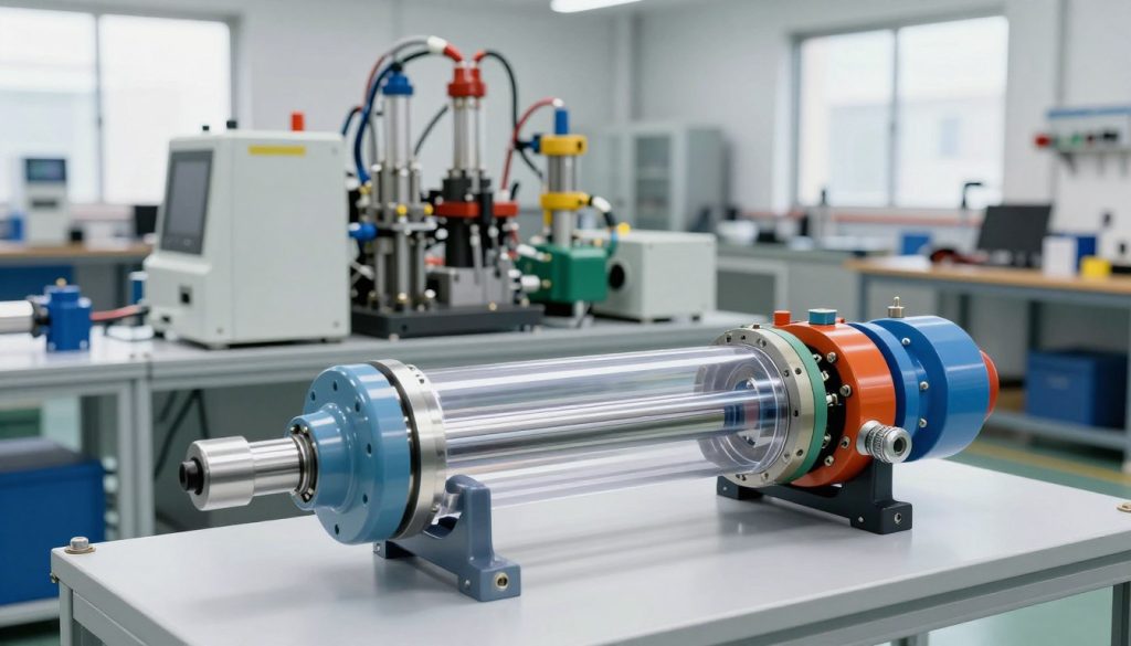A detailed illustration showcasing a modern pneumatic system in an industrial setting. In the foreground, a sleek, transparent pneumatic cylinder and various colorful pneumatic components are prominently displayed, emphasizing their intricate designs and functions. The middle ground features an assembly of various machines utilizing pneumatic technology, with visible tubing and connectors, highlighting efficiency and high-tech innovation. The background consists of a well-organized workshop with tools and workstations under bright, natural lighting pouring through large windows, creating a clean and professional atmosphere. The scene captures a sense of advanced engineering and modernity, suggesting an alternative to hydraulic systems, with a focus on clarity and precision in the design. The image should maintain a polished and industrial aesthetic, evoking innovation and reliability. A detailed illustration showcasing a modern pneumatic system in an industrial setting. In the foreground, a sleek, transparent pneumatic cylinder and various colorful pneumatic components are prominently displayed, emphasizing their intricate designs and functions. The middle ground features an assembly of various machines utilizing pneumatic technology, with visible tubing and connectors, highlighting efficiency and high-tech innovation. The background consists of a well-organized workshop with tools and workstations under bright, natural lighting pouring through large windows, creating a clean and professional atmosphere. The scene captures a sense of advanced engineering and modernity, suggesting an alternative to hydraulic systems, with a focus on clarity and precision in the design. The image should maintain a polished and industrial aesthetic, evoking innovation and reliability.