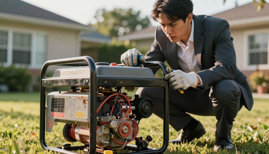 A detailed illustration showcasing a portable generator experiencing technical issues in a residential outdoor setting. In the foreground, prominently feature the generator with visible signs of wear and tear, such as frayed wires and a crooked exhaust pipe. In the middle ground, depict a concerned individual dressed in a professional business attire inspecting the generator with tools in hand, while wearing safety gloves. In the background, include a blurred view of a suburban home and lush greenery, hinting at a relaxed environment suddenly interrupted by problems. The lighting should be natural, simulating a late afternoon sun casting soft shadows. Aim for a mood of tension and concern, highlighting the risks associated with portable generators without any text or branding.