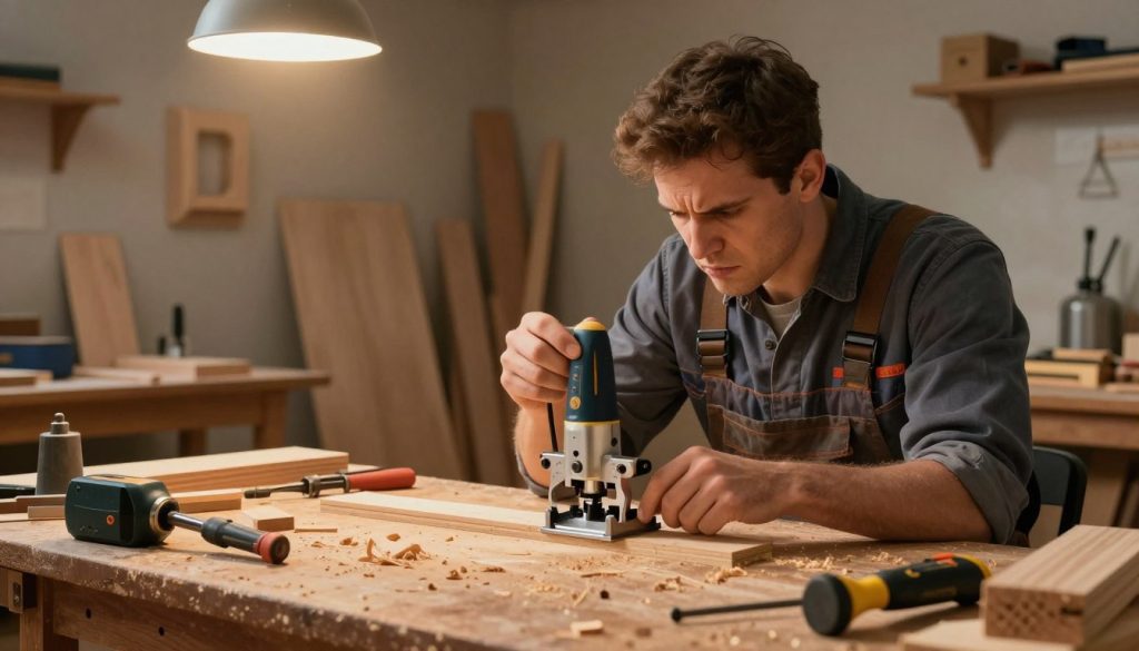 A detailed illustration showcasing common errors in using a router (tupia) in woodworking. In the foreground, feature a wooden workbench cluttered with tools, showing a router in action, surrounded by misaligned wooden pieces and improper router settings. The middle layer includes a focused technician in professional attire, examining gauge measurements with a furrowed brow, symbolizing frustration. To the background, depict a dimly lit workshop with scattered wood shavings and some poorly cut wood projects hanging on the wall, enhancing the atmosphere of caution and learning. The lighting should be warm and inviting but with shadows cast from overhead lights, emphasizing the task at hand. Capture a mood of concentration and improvement, illustrating the challenges faced when using a router incorrectly and the potential for mastery.