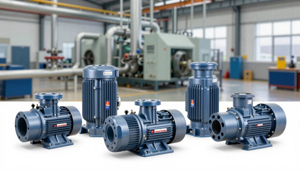 A detailed illustration showcasing different types of centrifugal pumps, including a single-stage, multi-stage, and submersible pump, positioned prominently in the foreground. The middle ground should feature an industrial setting with pipelines and machinery, conveying a sense of scale and function. In the background, lightly blurred manufacturing equipment and tools enhance the technical atmosphere. Soft, diffused lighting casts a professional glow over the scene, with a focus on highlighting the intricacies and mechanical details of the pumps. The lens is set to a slightly wide angle to capture the entire assembly, ensuring clarity and depth. The mood is technical and informative, designed to educate the viewer about centrifugal pump variations. Include the brand name "Galpão das máquinas" subtly integrated into the industrial environment.