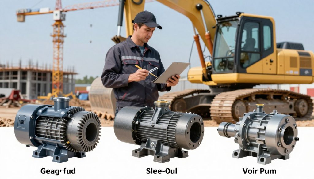A detailed illustration showcasing different types of hydraulic pumps used in heavy machinery. In the foreground, depict three distinct hydraulic pumps: gear pump, piston pump, and vane pump, each labeled for clarity. The middle ground should feature a heavy equipment operator in professional attire examining the pumps with tools in hand. The background illustrates a construction site with cranes and heavy machinery in action, under a clear blue sky. Use natural lighting to highlight the texture and mechanics of the pumps, with a slight depth of field to focus on the details of the hydraulic systems. The atmosphere should convey a sense of engineering precision and industrial strength, emphasizing the importance of hydraulic technology in the construction industry.