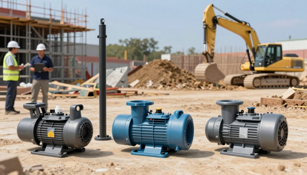 A detailed illustration showcasing different types of submersible pumps used in construction. In the foreground, feature several distinct types of submersible pumps, each with specific designs: a sewage pump, a drainage pump, and a deep well pump. In the middle ground, include construction site elements like scaffolding and workers in professional attire observing the pumps. The background should depict a construction site setting with a partially excavated area and heavy machinery like excavators. Use natural lighting with a clear blue sky, casting shadows that enhance the details of the pumps and surrounding equipment. The mood should be focused and industrious, emphasizing the importance of these pumps in construction applications. A detailed illustration showcasing different types of submersible pumps used in construction. In the foreground, feature several distinct types of submersible pumps, each with specific designs: a sewage pump, a drainage pump, and a deep well pump. In the middle ground, include construction site elements like scaffolding and workers in professional attire observing the pumps. The background should depict a construction site setting with a partially excavated area and heavy machinery like excavators. Use natural lighting with a clear blue sky, casting shadows that enhance the details of the pumps and surrounding equipment. The mood should be focused and industrious, emphasizing the importance of these pumps in construction applications.