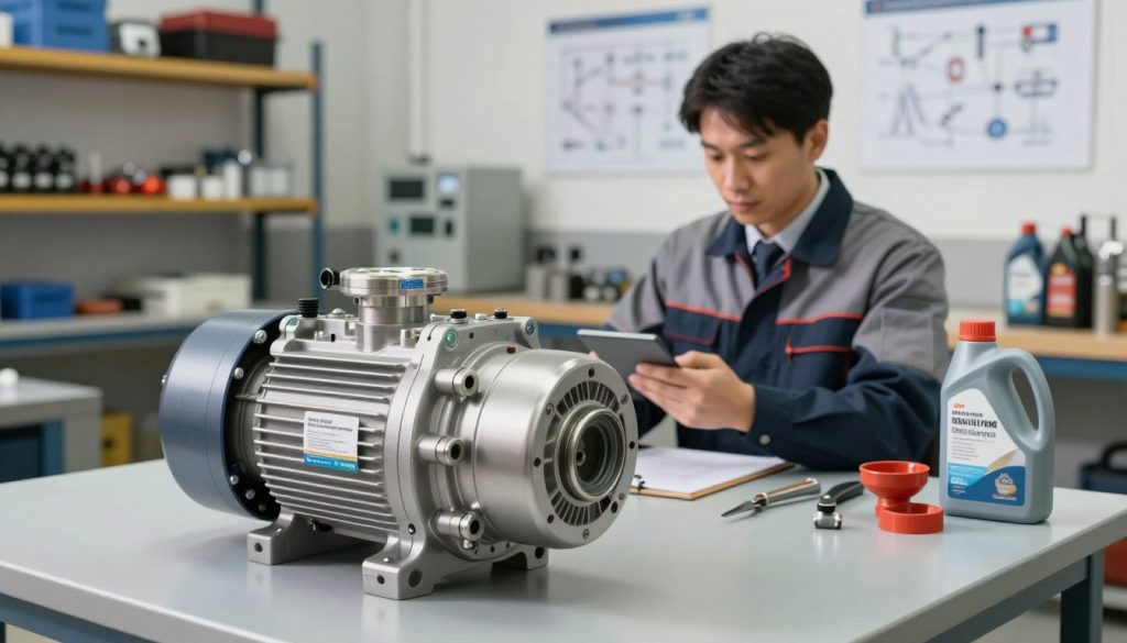 A detailed illustration showcasing maintenance practices to extend the lifespan of a hydraulic pump. In the foreground, a well-maintained hydraulic pump gleams under soft, focused lighting, revealing its intricate components and connections. In the middle ground, a technician in professional business attire examines the pump, surrounded by tools and lubricants that symbolize care and maintenance. The background features a clean, organized workshop with shelves of equipment and technical schematics on the wall, adding an atmosphere of professionalism and precision. The overall mood conveys dedication and expertise in hydraulic systems. Use a wide-angle lens to capture the entire scene, ensuring clear visibility of all elements, with bright, clean lighting that highlights the pump’s features.