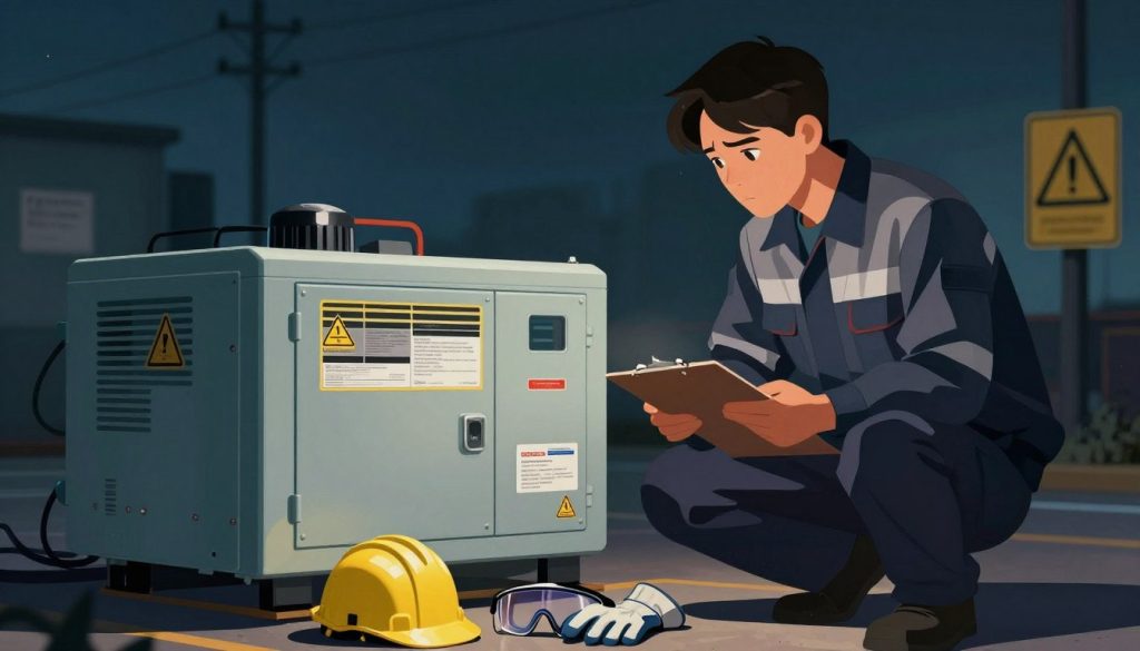 A detailed illustration showcasing the common risks associated with energy generators. In the foreground, depict a generator with visible warning labels and safety gear, such as gloves and goggles placed nearby. In the middle ground, illustrate a concerned technician in a professional work outfit, examining the generator while holding a clipboard. The background features a dimly lit industrial environment with caution signs and faint outlines of utility poles. Use dramatic lighting to highlight the technician’s focused expression while casting shadows that underscore the seriousness of the situation. The overall mood should convey a sense of caution and awareness of potential hazards, emphasizing safety in generator usage.