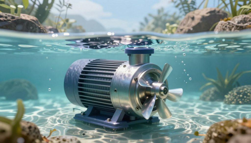 A detailed illustration showcasing the concept of submerged pump power. In the foreground, depict a modern submerged pump partially submerged in clear water, highlighting its robust design with gleaming metallic elements and translucent turbine blades. The middle ground features flowing water currents, illustrating the pump's efficiency in action, with subtle ripples and bubbles. In the background, a serene underwater landscape adorned with rocks and aquatic plants to provide context and depth. Use natural, bright lighting that filters through the water, creating a tranquil yet dynamic atmosphere. Opt for a slight low-angle perspective to emphasize the pump’s features, with an overall mood that conveys professionalism and technological advancement. A detailed illustration showcasing the concept of submerged pump power. In the foreground, depict a modern submerged pump partially submerged in clear water, highlighting its robust design with gleaming metallic elements and translucent turbine blades. The middle ground features flowing water currents, illustrating the pump's efficiency in action, with subtle ripples and bubbles. In the background, a serene underwater landscape adorned with rocks and aquatic plants to provide context and depth. Use natural, bright lighting that filters through the water, creating a tranquil yet dynamic atmosphere. Opt for a slight low-angle perspective to emphasize the pump’s features, with an overall mood that conveys professionalism and technological advancement.