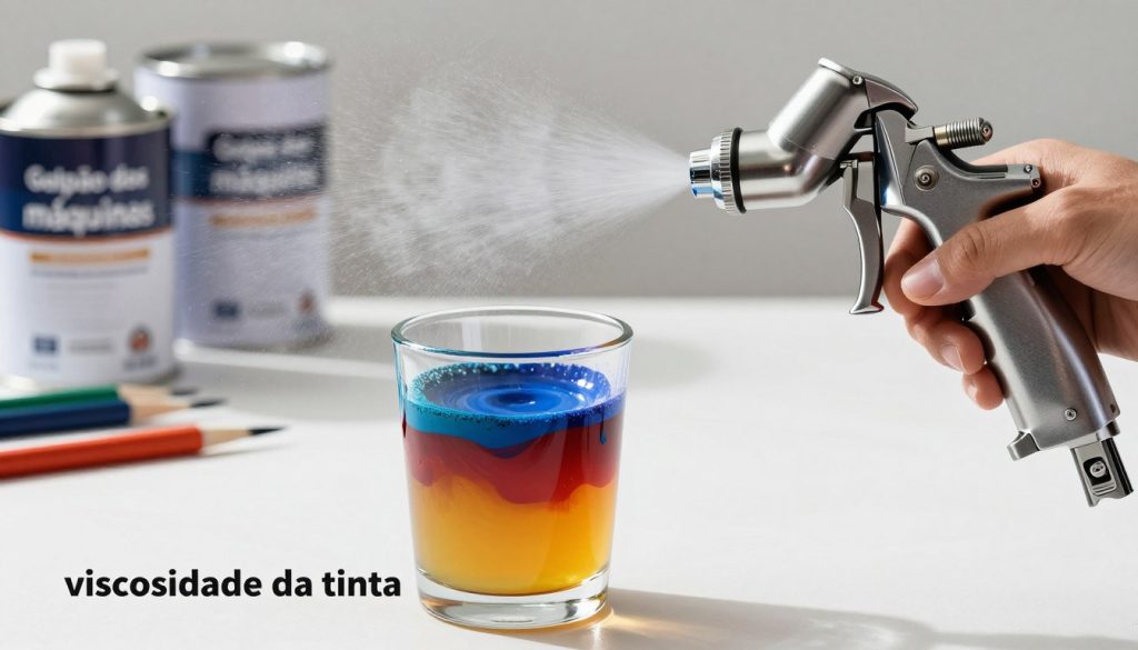 A detailed illustration showcasing the concept of "viscosidade da tinta" in the context of spray painting. In the foreground, a clear glass cup filled with vibrant paint of varying viscosities, showing thick and thin layers. The middle ground features a metallic spray gun, with droplets of paint being released in fine mist, capturing the dynamics of spraying. The background should be a soft-focus workshop environment, with tools and paint cans from "Galpão das máquinas" subtly represented, adding a professional atmosphere. The lighting is bright and natural, emphasizing the textures of the paint and the sheen of the spray gun. Capture the complexities of paint viscosity in a clean, educational style, without any text or distractions.
