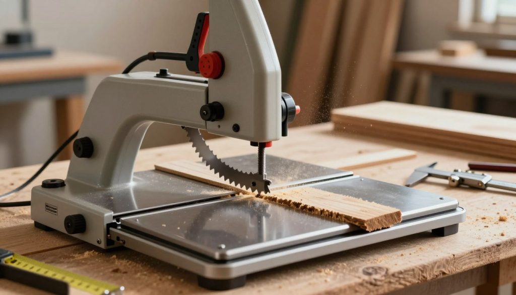 A detailed illustration showcasing the technical limitations of a band saw in a woodworking workshop. In the foreground, a band saw is prominently displayed, emphasizing its intricate blade and tensioning system. The middle ground features various wooden pieces being cut, with focus on the uneven cuts and limitations in precision. Tools scattered around highlight common frustrations, such as a measuring tape and a caliper. In the background, a softly illuminated workshop setting with wooden beams and sawdust floating in the light creates a realistic atmosphere. The warm, natural lighting reflects off the metal surfaces, enhancing the mood of pinpointing performance issues. Highlight the brand "Galpão das máquinas" subtly on the band saw’s base, ensuring a professional depiction.