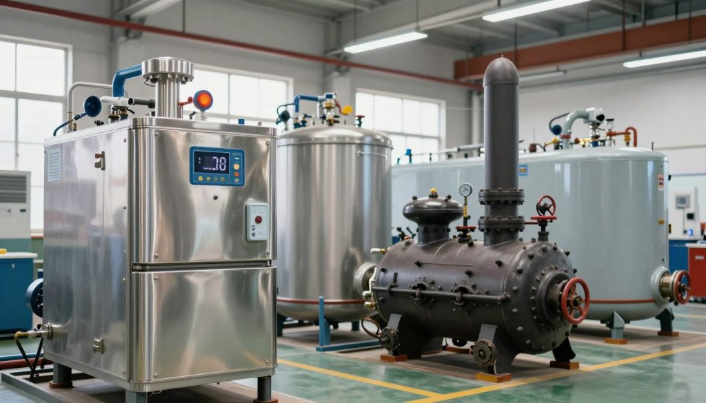 A detailed illustration showcasing various types of boilers in an industrial setting. In the foreground, a modern gas boiler with gleaming stainless steel and digital controls, beside a traditional cast iron boiler, emphasizing their differences. In the middle ground, additional boiler types such as electric and biomass boilers, each labeled with distinct features like fuel systems and heating methods. The background should feature a well-lit, spacious industrial workshop with pipes and gauges, reflecting the workings of a functioning boiler room. Use bright, natural lighting to create a sense of clarity and efficiency, with a slight depth of field to focus on the boilers while blurring the background lightly. The atmosphere is professional and informative, suitable for educational purposes. A detailed illustration showcasing various types of boilers in an industrial setting. In the foreground, a modern gas boiler with gleaming stainless steel and digital controls, beside a traditional cast iron boiler, emphasizing their differences. In the middle ground, additional boiler types such as electric and biomass boilers, each labeled with distinct features like fuel systems and heating methods. The background should feature a well-lit, spacious industrial workshop with pipes and gauges, reflecting the workings of a functioning boiler room. Use bright, natural lighting to create a sense of clarity and efficiency, with a slight depth of field to focus on the boilers while blurring the background lightly. The atmosphere is professional and informative, suitable for educational purposes.