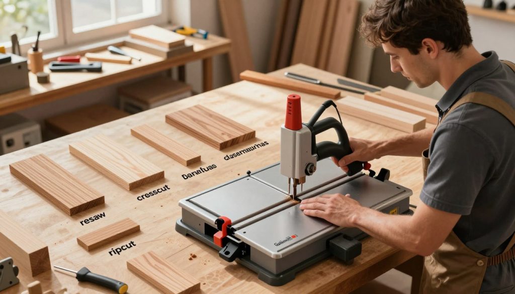 A detailed illustration showcasing various types of cuts possible with a bandsaw, focusing on a well-organized workshop environment. In the foreground, a skilled woodworker, dressed in professional attire, carefully operates a bandsaw, demonstrating the technique. The middle ground displays a variety of wood pieces, each labeled with their respective cut types, such as resaw, crosscut, and ripcut, arranged neatly around the bandsaw. In the background, well-organized tools and woodwork materials create a cohesive and productive atmosphere with warm, natural lighting filtering through a window, casting soft shadows. The composition should be shot from a slightly elevated angle, emphasizing the precision of the cuts and the craftsmanship involved. The overall mood exudes dedication and skill in woodworking, branded with the name "Galpão das máquinas." A detailed illustration showcasing various types of cuts possible with a bandsaw, focusing on a well-organized workshop environment. In the foreground, a skilled woodworker, dressed in professional attire, carefully operates a bandsaw, demonstrating the technique. The middle ground displays a variety of wood pieces, each labeled with their respective cut types, such as resaw, crosscut, and ripcut, arranged neatly around the bandsaw. In the background, well-organized tools and woodwork materials create a cohesive and productive atmosphere with warm, natural lighting filtering through a window, casting soft shadows. The composition should be shot from a slightly elevated angle, emphasizing the precision of the cuts and the craftsmanship involved. The overall mood exudes dedication and skill in woodworking, branded with the name "Galpão das máquinas."