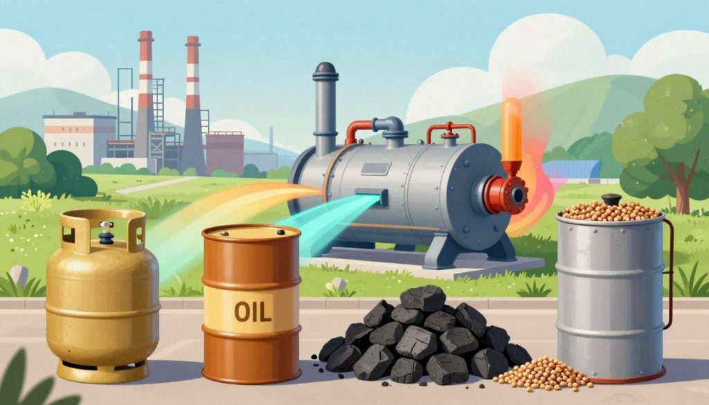 A detailed illustration showcasing various types of fuels used in industrial boilers. In the foreground, display several fuel types: a canister of natural gas, a barrel of oil, a pile of coal, and a tank of biomass pellets, each labeled clearly but without text. The middle ground features a modern industrial boiler, highlighting its efficiency technologies, surrounded by vibrant colors representing energy flow. In the background, depict a serene industrial landscape with smokestacks and greenery, creating a contrast between technology and nature. Use soft, natural lighting to enhance the mood of sustainability and innovation, and employ a wide-angle lens to capture the scene broadly. The atmosphere should convey a harmonious balance between traditional and renewable energy sources. A detailed illustration showcasing various types of fuels used in industrial boilers. In the foreground, display several fuel types: a canister of natural gas, a barrel of oil, a pile of coal, and a tank of biomass pellets, each labeled clearly but without text. The middle ground features a modern industrial boiler, highlighting its efficiency technologies, surrounded by vibrant colors representing energy flow. In the background, depict a serene industrial landscape with smokestacks and greenery, creating a contrast between technology and nature. Use soft, natural lighting to enhance the mood of sustainability and innovation, and employ a wide-angle lens to capture the scene broadly. The atmosphere should convey a harmonious balance between traditional and renewable energy sources.