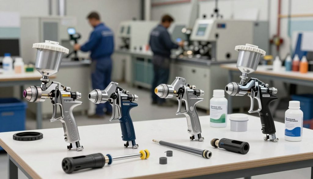 A detailed illustration showcasing various types of industrial paint spray guns on a well-lit workshop table. In the foreground, feature a selection of spray guns with different designs: conventional, HVLP (High Volume Low Pressure), and airless models, highlighting their unique features. The middle ground includes tools and paint supplies, emphasizing a professional setting. The background should depict a busy industrial environment with soft-focus machinery and workers dressed in professional attire, engaged in painting applications. The lighting is bright and even, simulating daylight to emphasize clarity and detail in the tools. The atmosphere is dynamic and industrious, reflecting the busy nature of industrial work at "Galpão das máquinas."
