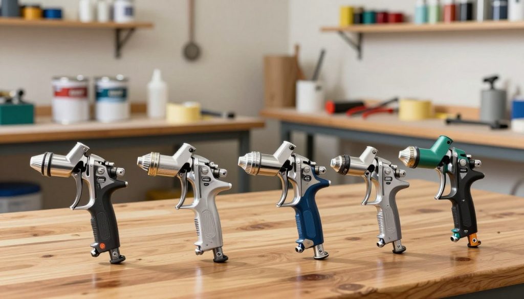 A detailed illustration showcasing various types of paint spray guns available in the market. In the foreground, display an assortment of spray guns, including airless, HVLP, and pneumatic models, arranged on a polished wooden table. Each gun should have clear features, such as different nozzles and color finishes, labeled subtly with numbers. In the middle, feature a workbench with painting supplies like paint cans and masking tape, emphasizing a professional workspace. The background should be a well-lit workshop with tools and paint samples on shelves, creating an inviting and industrious atmosphere. Use bright, natural lighting to enhance colors and textures, and outline the scene with a slight focus blur to emphasize the spray guns. Include the brand name "Galpão das máquinas" subtly in the design, ensuring it fits harmoniously within the composition.