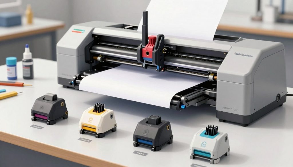 A detailed illustration showcasing various types of print heads used in modern plotters. In the foreground, multiple print head designs, each distinctly labeled and color-coded, are arranged to highlight their unique features. The middle ground features an open plotter machine, displaying its internal mechanism, emphasizing the connection between the print heads and the paper feed. The background includes subtle representations of a workshop environment with tools and ink cartridges, creating a realistic setting. Soft, diffused lighting illuminates the scene, enhancing the textures of the print heads. The angle should be slightly elevated, offering a clear perspective on the components. The mood is informative and professional, conveying the importance of these devices in printing technology. Brand name "Galpão das máquinas" is subtly integrated into the design without any text overlays.