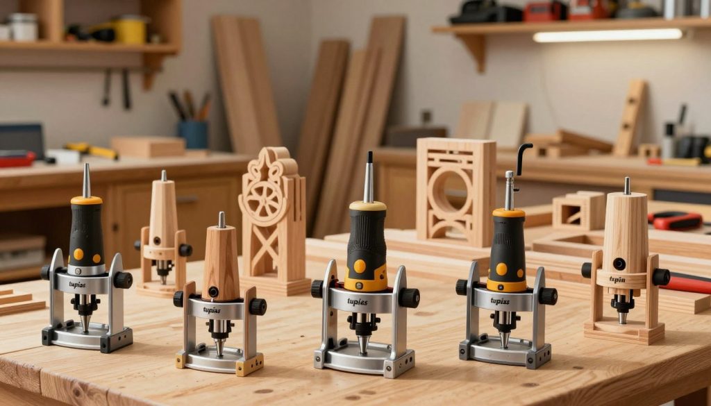 A detailed illustration showcasing various types of wood routers, or "tupias," arranged in a workshop environment. In the foreground, feature a selection of different tupias, including a plunge router, fixed base router, and a combination router, each with distinct design elements visible. In the middle ground, display an array of wooden projects that demonstrate the applications of these tools, like intricate wood carvings and joint workpieces. The background should depict a well-organized workshop with cabinets, tools, and wood material. The scene is well-lit with warm overhead lighting, creating a professional and inviting atmosphere. Use a slightly wide-angle perspective to capture depth and context, emphasizing the tools in action as if they are preparing for a project.