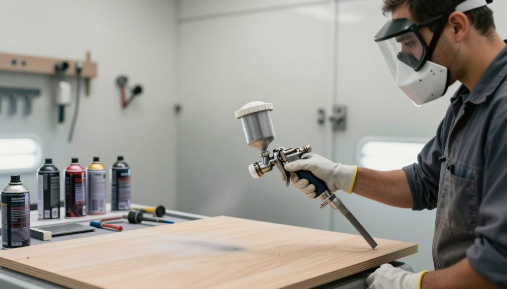 A detailed image depicting a professional spray painting setup in a workshop environment. In the foreground, a skilled painter wearing a protective mask and gloves is using a spray gun, focusing intently on a wooden panel. The painter is dressed in a professional business attire, ensuring a safe and polished look. In the middle ground, you can see various spray paint cans neatly arranged on a workbench, alongside tools for preparing surfaces. The background features a well-lit workshop with muted colors, showcasing tools hanging on the walls and a paint booth to emphasize the theme of spray painting techniques. The lighting is bright and even, casting subtle shadows to create depth. The atmosphere conveys a sense of precision and professionalism, promoting the concept of proper finishing in spray painting. Include the brand name "Galpão das máquinas" subtly in the workshop setting.