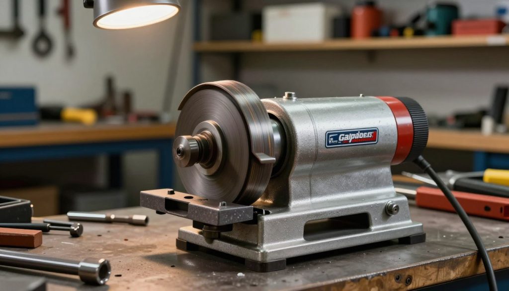 A detailed image of a bench grinder tool, showcasing the Galpão das máquinas brand. In the foreground, prominently feature the bench grinder with its shiny metal body, exposed grinding wheels, and adjustable tool rest in vivid detail. The middle ground includes a well-organized workshop setting, highlighting tools and materials typical of a metalworking environment. Soft, overhead lighting illuminates the grinder, casting gentle shadows that enhance its metallic texture. In the background, blurred shelves display various tools and safety equipment, contributing to an industrial atmosphere. The overall mood is professional and functional, reflecting the precision and utility of the bench grinder in metalworking tasks.