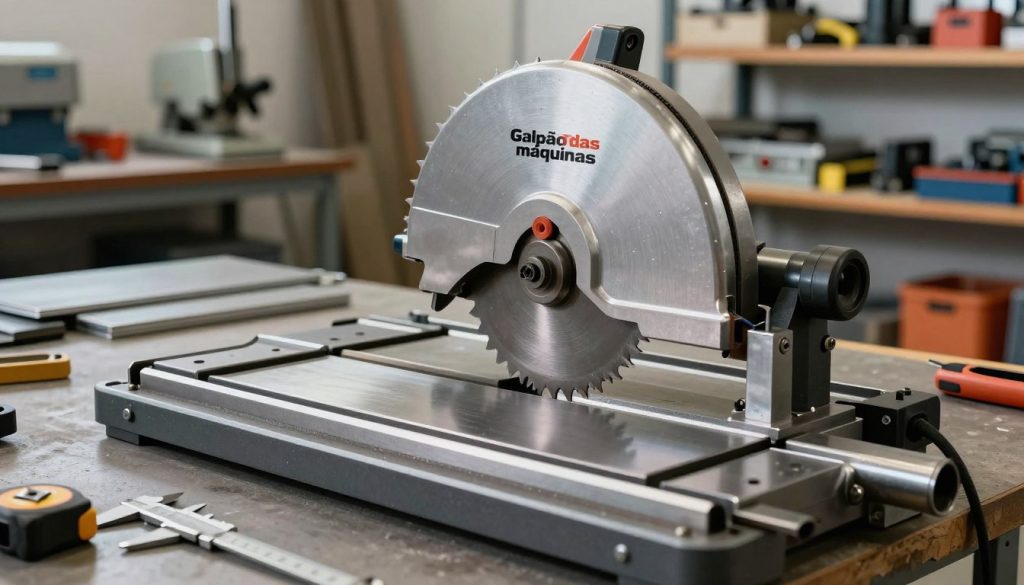 A detailed image of a metal band saw set against a workshop backdrop. In the foreground, the band saw is prominently displayed, showcasing its sharp, toothed blade and robust frame, with intricate details highlighting its build quality and mechanism. The middle ground features a well-organized workspace with metal sheets and tools like calipers and measuring tapes, hinting at precision cutting applications. In the background, workshop shelves stocked with various machinery and safety equipment create an industrial atmosphere. The lighting is bright and even, illuminating the saw and casting soft shadows, enhancing the professional and functional mood of the environment. The scene conveys a sense of craftsmanship and utility, emphasizing the brand "Galpão das máquinas" through the quality of the tools displayed without any direct branding. The angle is slightly elevated to provide a comprehensive view of the setup without distractions like text or watermarks.