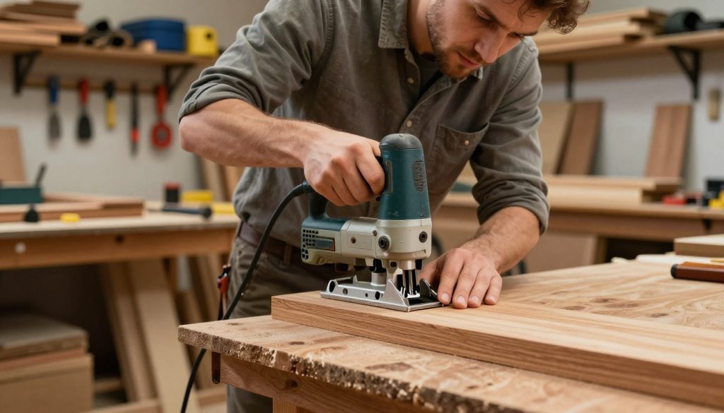 A detailed image of a professional carpenter in a well-lit workshop using a router on a wooden workpiece. In the foreground, focus on the router with its intricate bits and settings, showcasing the tool's design. In the middle ground, the carpenter, dressed in modest casual clothing, carefully guides the router along the edge of a polished wooden board, demonstrating precision. The background features shelves filled with various woodworking tools and neatly stacked wood, adding an authentic carpentry atmosphere. Warm, natural lighting highlights the wood grain and creates a productive work environment. Capture the determination on the carpenter's face, emphasizing the craftsmanship involved in carpentry work.