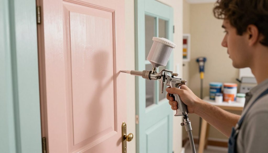 A detailed image of a professional setting showcasing the use of an HVLP (High Volume Low Pressure) paint spray gun by a skilled individual in modest casual clothing, painting doors and windows. In the foreground, the painter is focused and applying a smooth coat of paint to a wooden door, with the HVLP spray gun in hand, its nozzle clearly visible. The middle ground features freshly painted doors and windows, showcasing even coats of paint in soft pastel colors. The background reveals a workshop with tools and paint supplies, illuminated by soft, warm lighting that creates an inviting atmosphere. The branding "Galpão das máquinas" is subtly integrated into the workspace. Capture the essence of DIY home improvement and the neat finish achievable with HVLP technology.