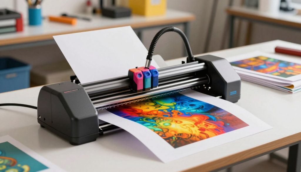 A detailed image of a sublimation plotter, showcasing the device prominently in the foreground with high precision and clarity. The plotter features a sleek design, with vibrant colors and various ink cartridges visible, reflecting the brand "Galpão das máquinas." In the middle ground, an array of printed fabrics displays bright, intricate designs, highlighting the capabilities of sublimation printing. The background features a well-organized workshop environment, with tools and materials that emphasize a professional setting. Soft, warm lighting casts gentle shadows, creating an inviting and productive atmosphere. The angle captures both the plotter and the printed materials, illustrating the contrast between the technology and finished products, while maintaining a clean and focused composition. A detailed image of a sublimation plotter, showcasing the device prominently in the foreground with high precision and clarity. The plotter features a sleek design, with vibrant colors and various ink cartridges visible, reflecting the brand "Galpão das máquinas." In the middle ground, an array of printed fabrics displays bright, intricate designs, highlighting the capabilities of sublimation printing. The background features a well-organized workshop environment, with tools and materials that emphasize a professional setting. Soft, warm lighting casts gentle shadows, creating an inviting and productive atmosphere. The angle captures both the plotter and the printed materials, illustrating the contrast between the technology and finished products, while maintaining a clean and focused composition.