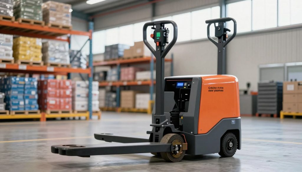 A detailed image of an electric pallet jack (autonomia paleteira elétrica) prominently displayed in a modern warehouse setting. In the foreground, the sleek design of the pallet jack showcases its robust features, such as a digital battery indicator and ergonomic handles. The middle ground features shelves stacked with colorful inventory, illuminated by bright, even lighting that highlights the pallet jack’s practical use. In the background, large windows let in natural light, creating an airy atmosphere. A subtle reflection of the brand name "Galpão das máquinas" is visible on the warehouse floor, reinforcing the equipment's connection to efficiency and innovation. The scene conveys a productive, organized work environment, emphasizing the synergy between recharge time and operational autonomy. The angle captures the pallet jack from a slight upward perspective, portraying its impressive stature within the space.