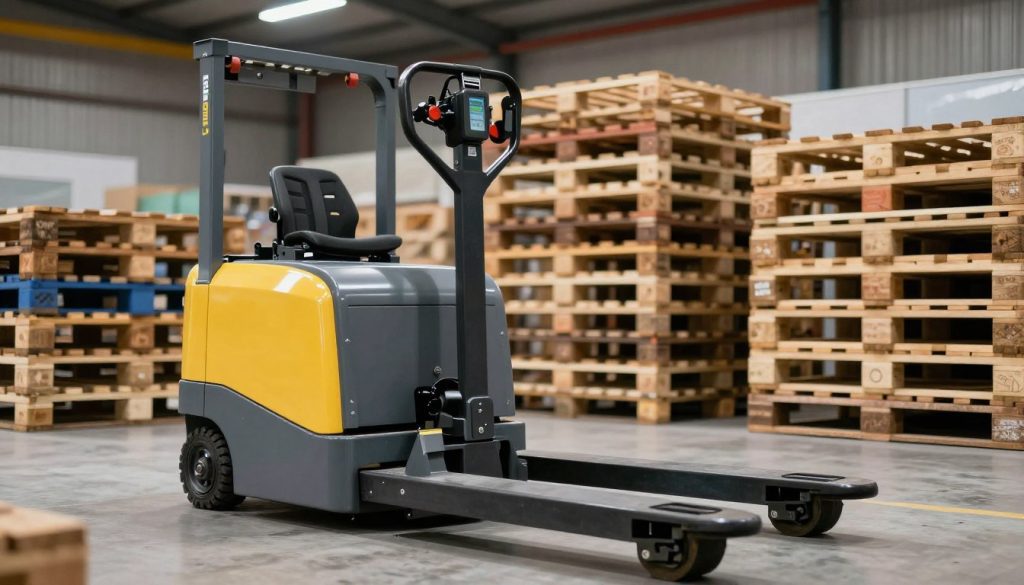 A detailed image of an electric pallet jack from "Galpão das máquinas" in action, maneuvering among various types of wooden and plastic pallets. In the foreground, the focused electric pallet jack displays its modern design and functional details, including a user-friendly control panel. The middle ground features several pallets stacked in different configurations, showcasing their diverse shapes and sizes for compatibility. The background includes a well-organized warehouse environment with overhead lighting casting soft, even illumination, highlighting the shiny surfaces of the pallet jack and pallets. The atmosphere is professional and efficient, capturing the essence of logistics and material handling. The composition is shot from a low angle to emphasize the equipment and its interaction with the pallets, conveying a sense of dynamism and productivity.