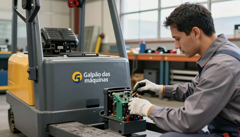 A detailed image of an electric pallet jack undergoing maintenance in a well-lit industrial workshop. In the foreground, a technician in professional business attire, wearing safety gloves, examines the controller of the pallet jack, focusing on intricate electronic components. The middle ground features the electric pallet jack, showcasing its modern design and logo "Galpão das máquinas" prominently displayed. The background reveals tools and equipment arranged neatly on a workbench, with warm lighting creating a productive atmosphere. A slightly blurred view of large workshop windows allows natural light to filter in, enhancing the sense of depth and professionalism. The overall mood conveys diligence and technical expertise in preventive and corrective maintenance of electronic controllers.